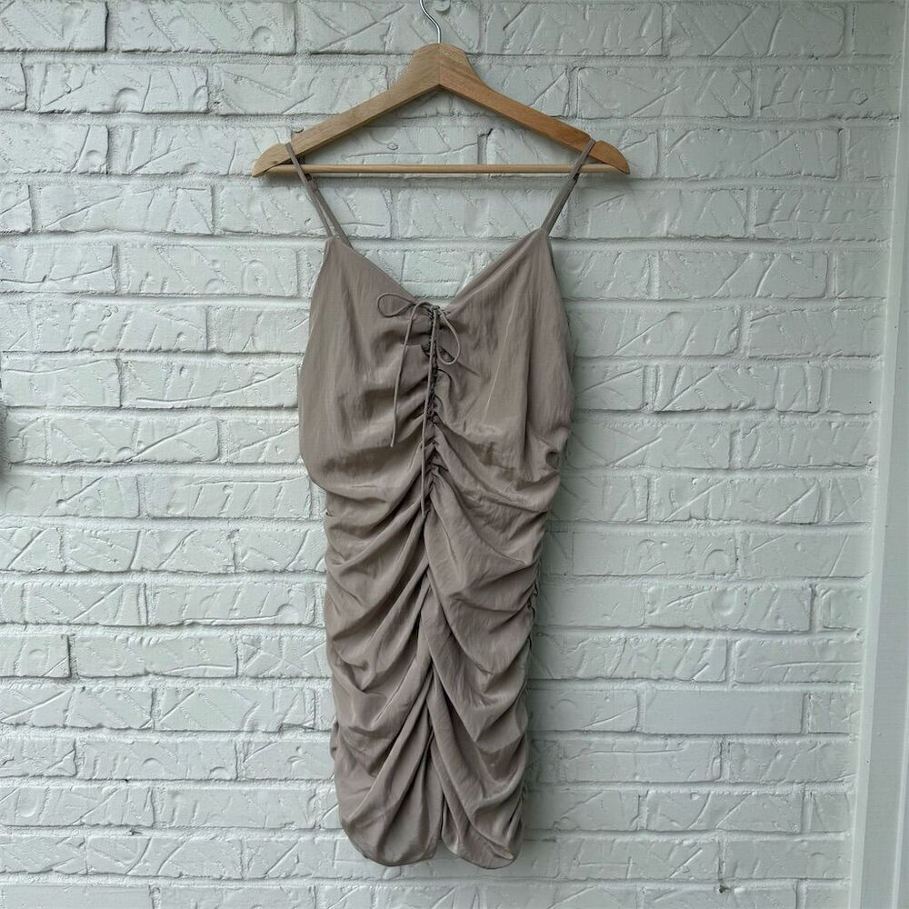 J.O.A. Women's Beige Lace-Up Ruched Mini Dress Size S